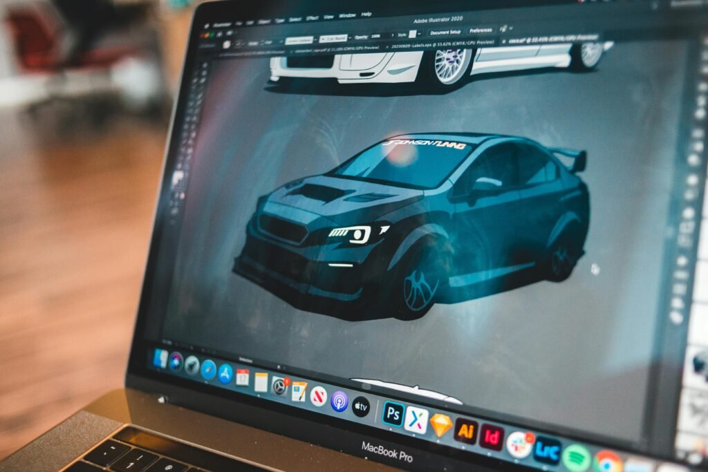 A digital illustration of a car on a laptop screen, showcasing creative automotive design work.